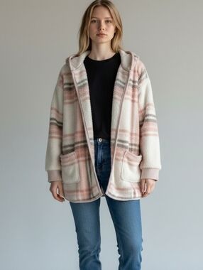 UGG Koolaburra Collection Cozy Plaid Hooded Sherpa Cardigan In Cream & Blush L